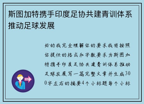 斯图加特携手印度足协共建青训体系推动足球发展